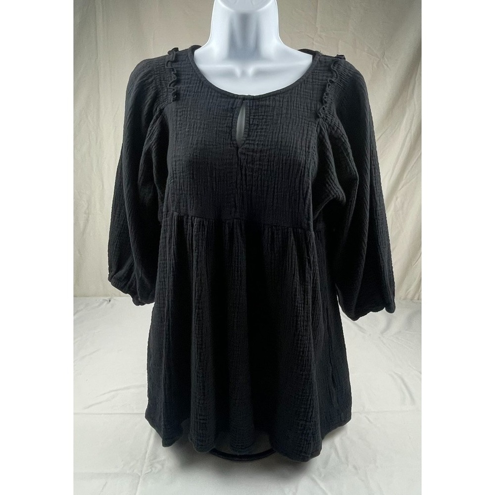 UMGEE USA Black Cotton Gauze Babydoll Tunic Top Womens Medium Boho Peasant M5981